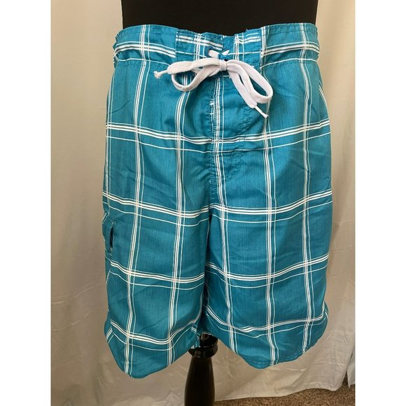 OP Men's Teal/White Checkered Swim Trunks - Picture 1 of 10